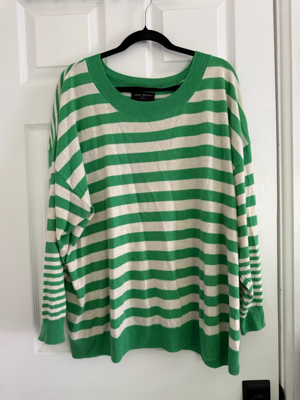 Lane Bryant Green & Cream Striped Crewneck Sweater